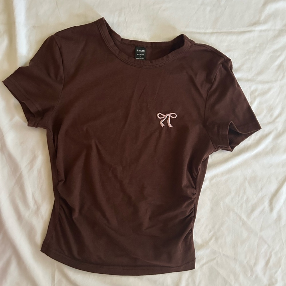 Brown Short Sleeve Top with Bow Detail